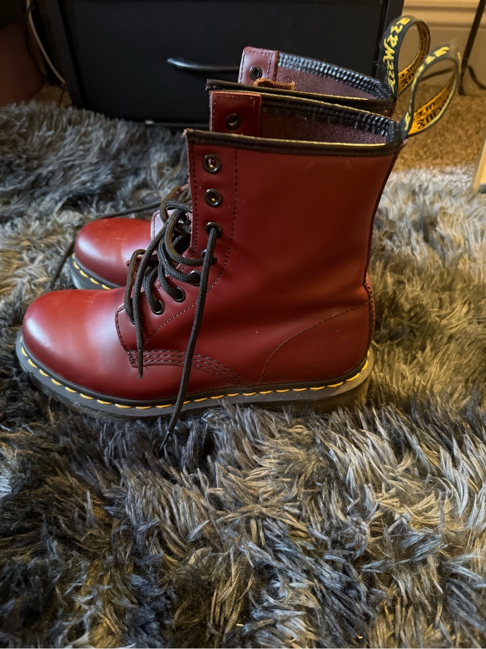 Dr. Martens Burgundy Leather Lace-Up Boots with Yellow Stitching - Picture 2 of 7
